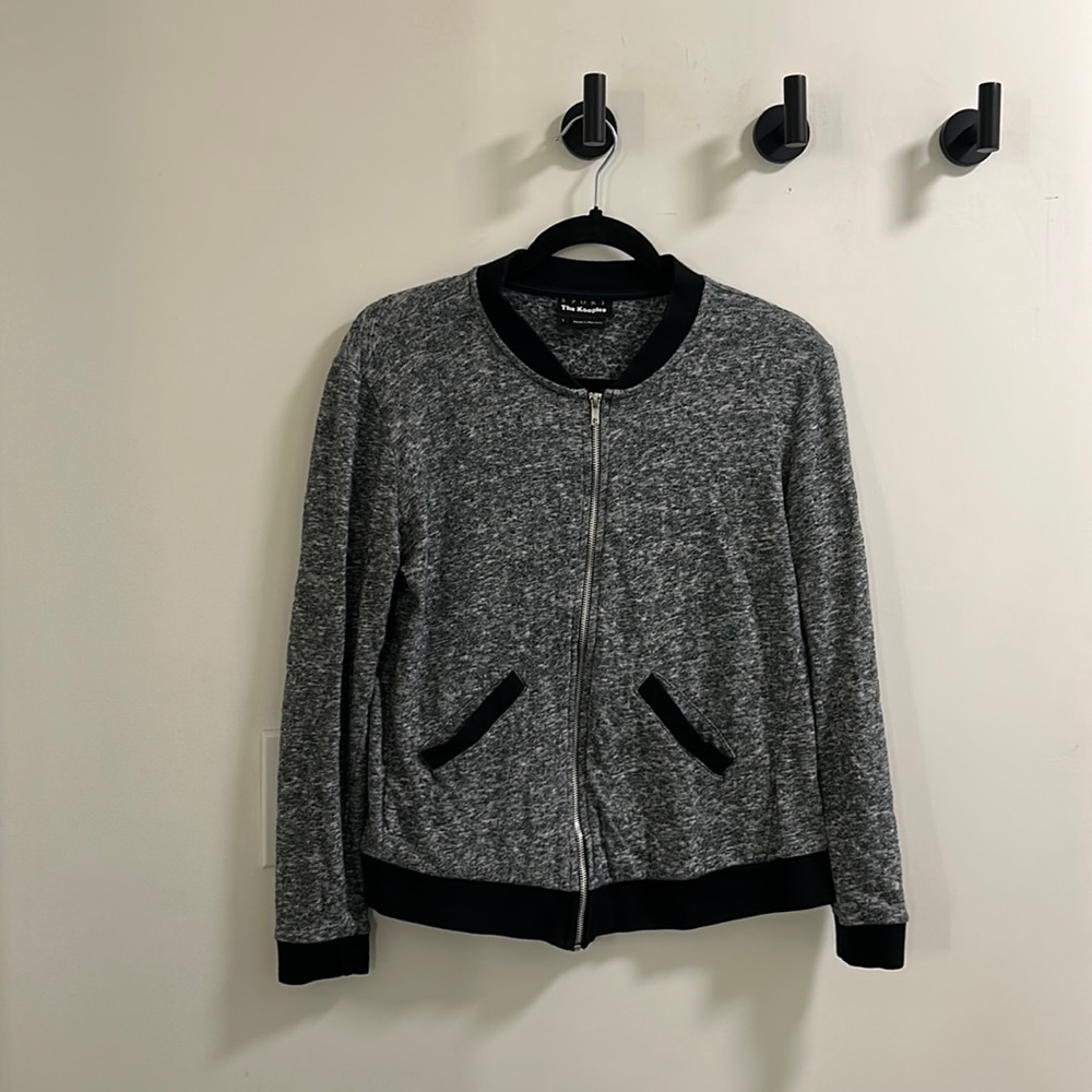 The Kooples Sport, light bomber jacket, heather grey, black trim, large